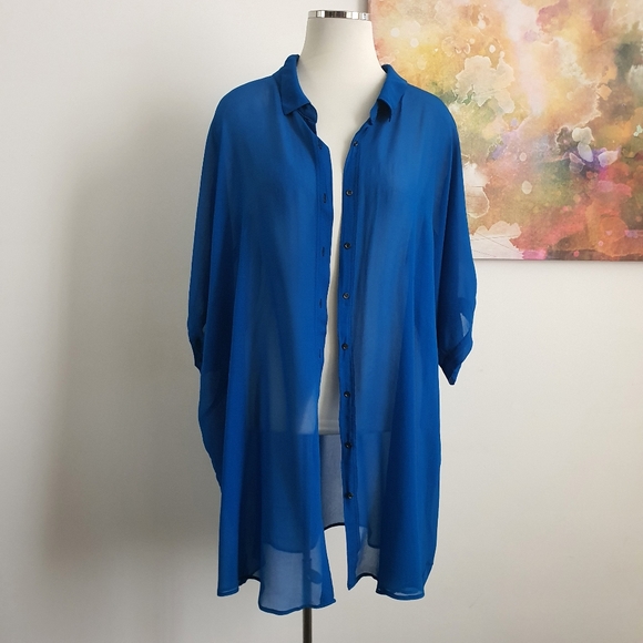 Verge NZ Short Sleeve Sheer Blue Button Down Long Blouse Size XXL - Picture 3 of 12